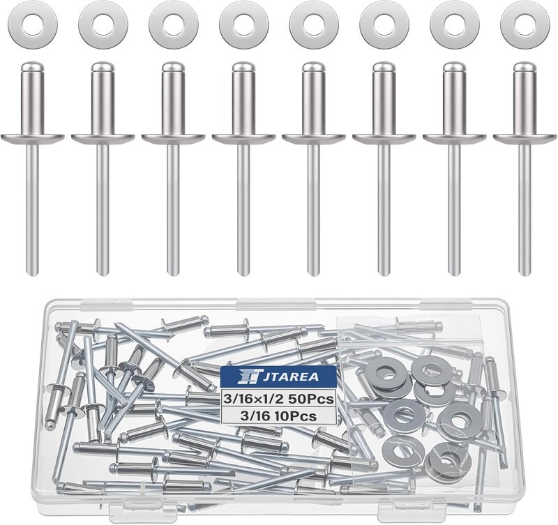 JTAREA 60pcs 3/16" x 1/2" Stainless Steel Pop Rivets with Stainless Steel Washers 4.8 x 12.7mm Blind Rivet Assortment Kit - Image 1